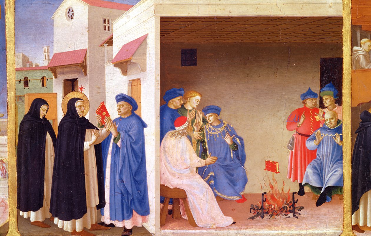The Coronation of the Virgin, detalj av St. Dominic som gir tilbake boken til albigenserne, ca. 1430-32 (tempera på panel) av Fra Angelico