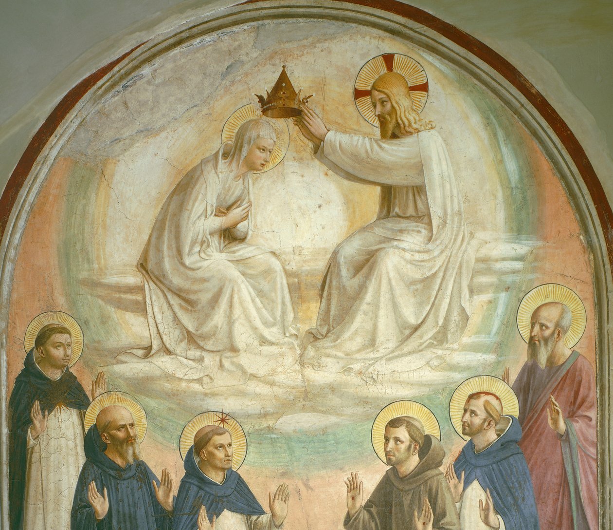 Jomfruens kroning, med de hellige Thomas, Benedict, Dominic, Francis, Peter Martyren og Paul, 1442 (detaljer av 43883) av Fra Angelico