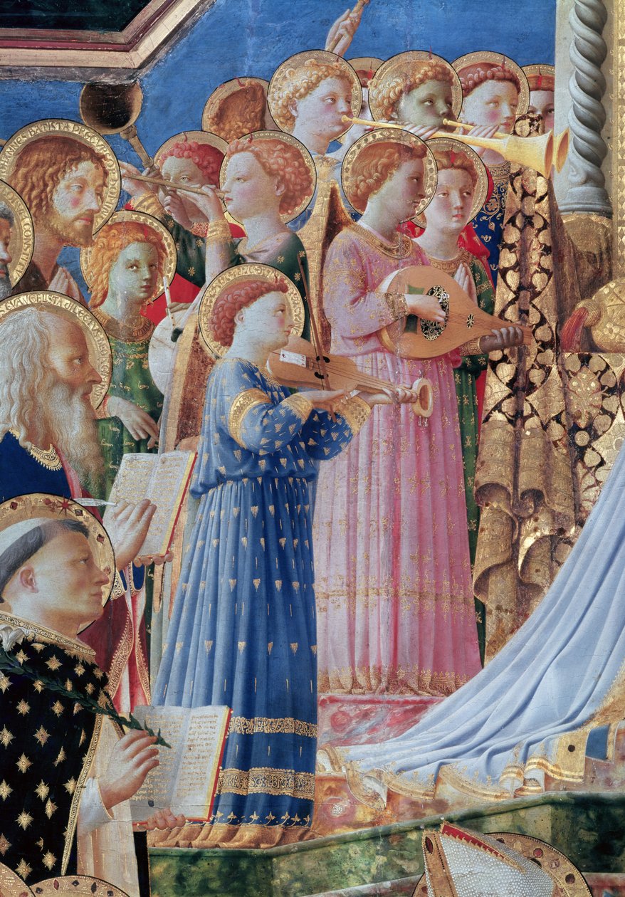 The Coronation of the Jomfru, detalj av musikalske engler fra venstre side, ca. 1430-32 (detalj av 60319) av Fra Angelico