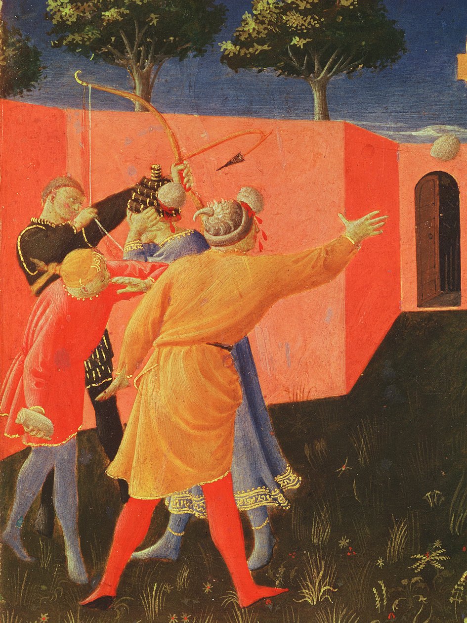 Korsfestelsen og steiningen av SS. Cosmas og Damian, detalj av plagene deres, predella fra Annalena-altertavlen, 1434 (tempera på panel) av Fra Angelico