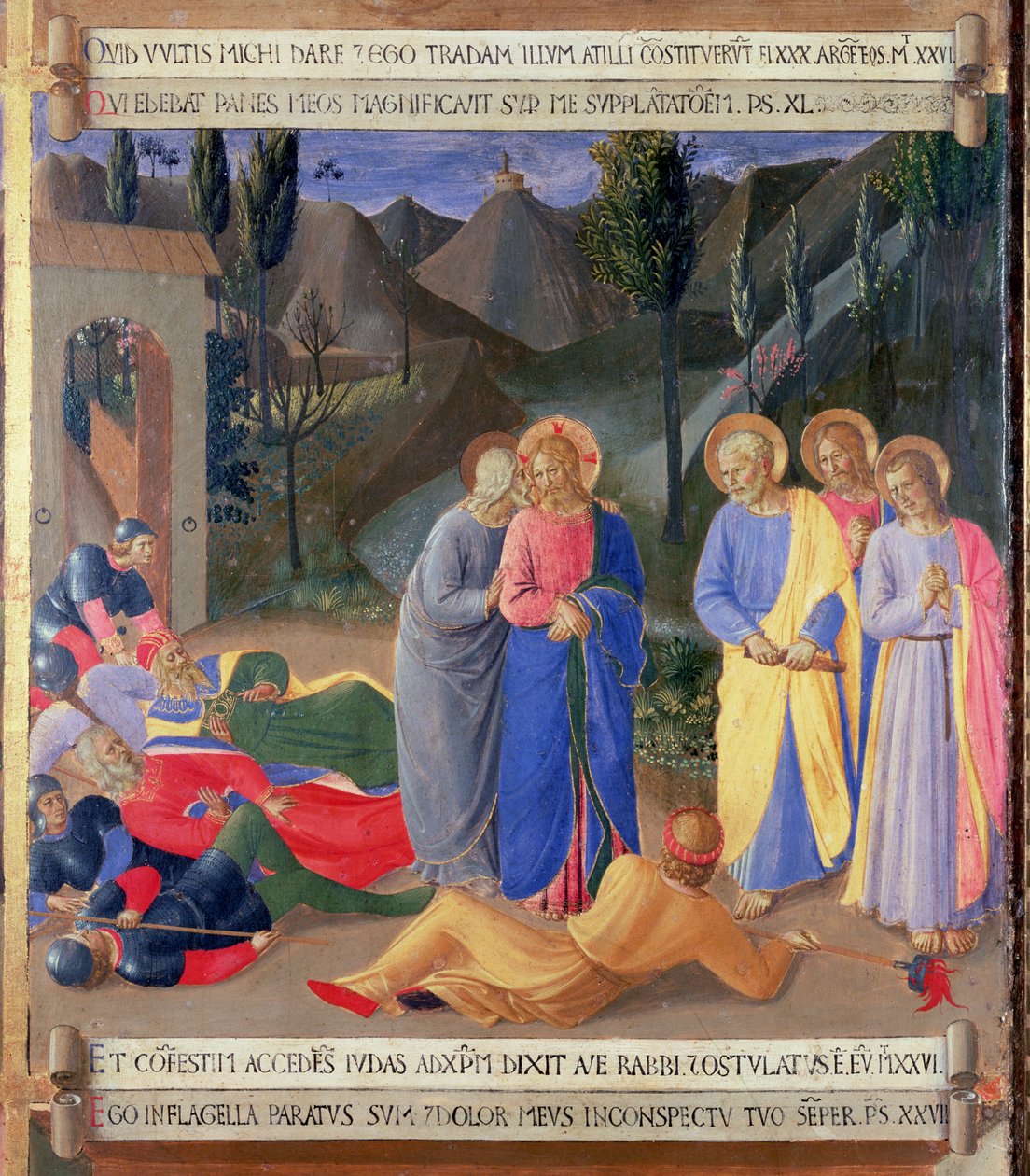 The Kiss of Judas, detalj fra panel tre i Silver Treasury of Santissima Annunziata, ca. 1450-53 (tempera på panel) av Fra Angelico