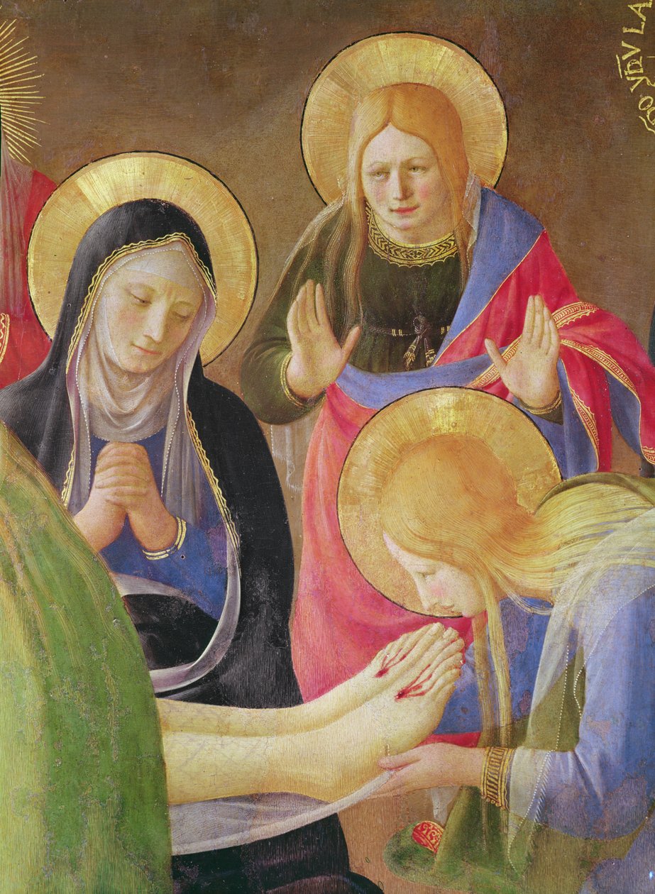 The Lamentation of Christ detalj av Maria Magdalena som kysser Kristi føtter, 1436 tempera på tre av Fra Angelico