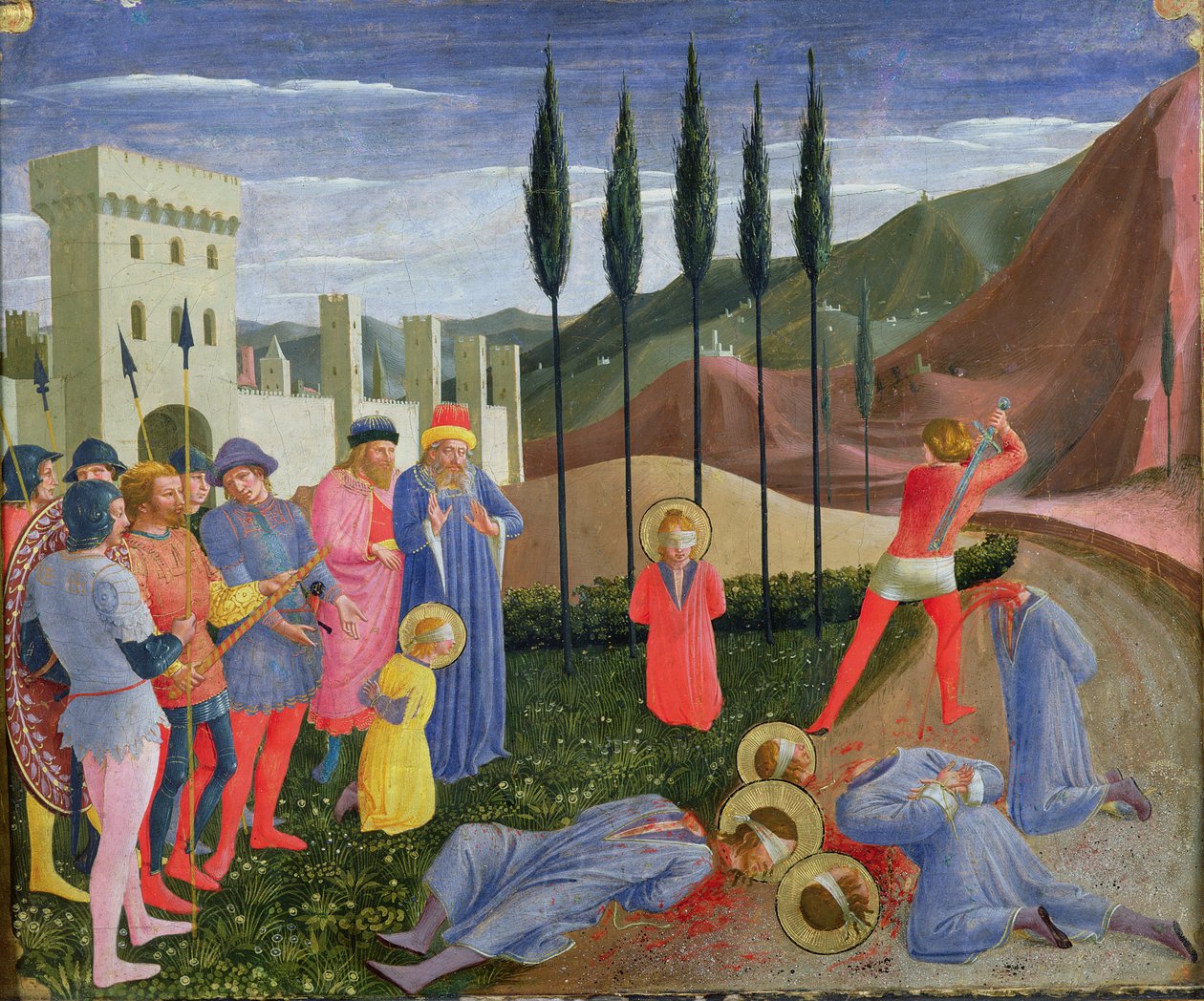 The Martyrdom of St. Cosmas and St. Damian, fra predellaen til San Marco-altertavlen, ca. 1440 (tempera på panel) av Fra Angelico