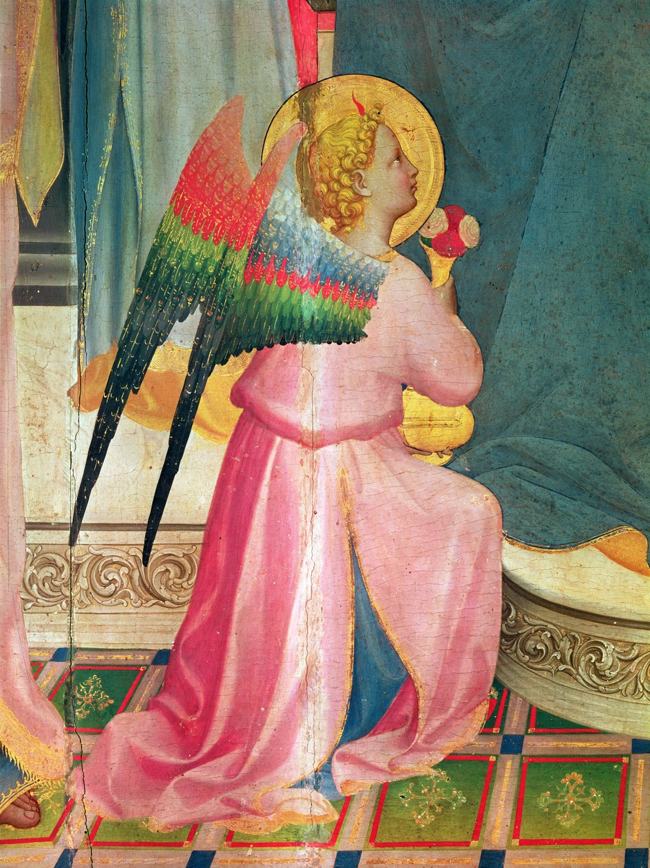 The Virgin Enthroned Among Saints detalj av en engel, ca. 1424-5 tempera på panel av Fra Angelico