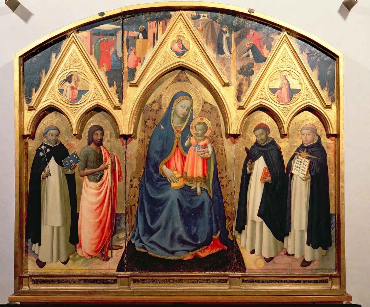 Jomfruen og barnet med Døperen Johannes, St. Dominikus, St. Peter Martyren og St. Thomas av Aquino (tempera på panel) av Fra Angelico