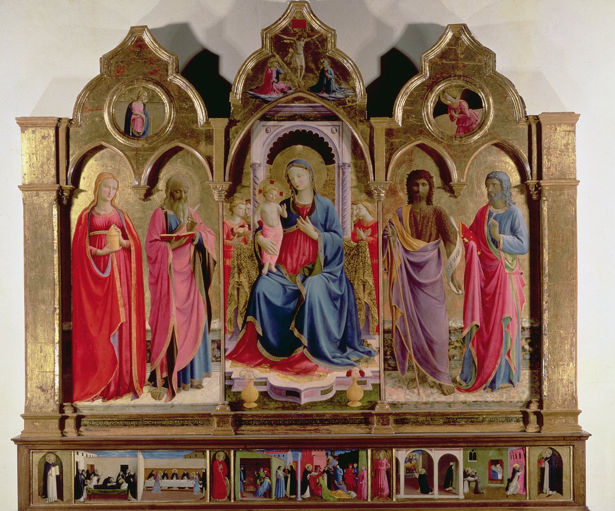 Jomfru og barn tronet med fire engler, St. Mark, Døperen Johannes, Evangelisten Johannes og Maria Magdalena, fra Polittico di San Domenico (for detaljer se 87999) av Fra Angelico