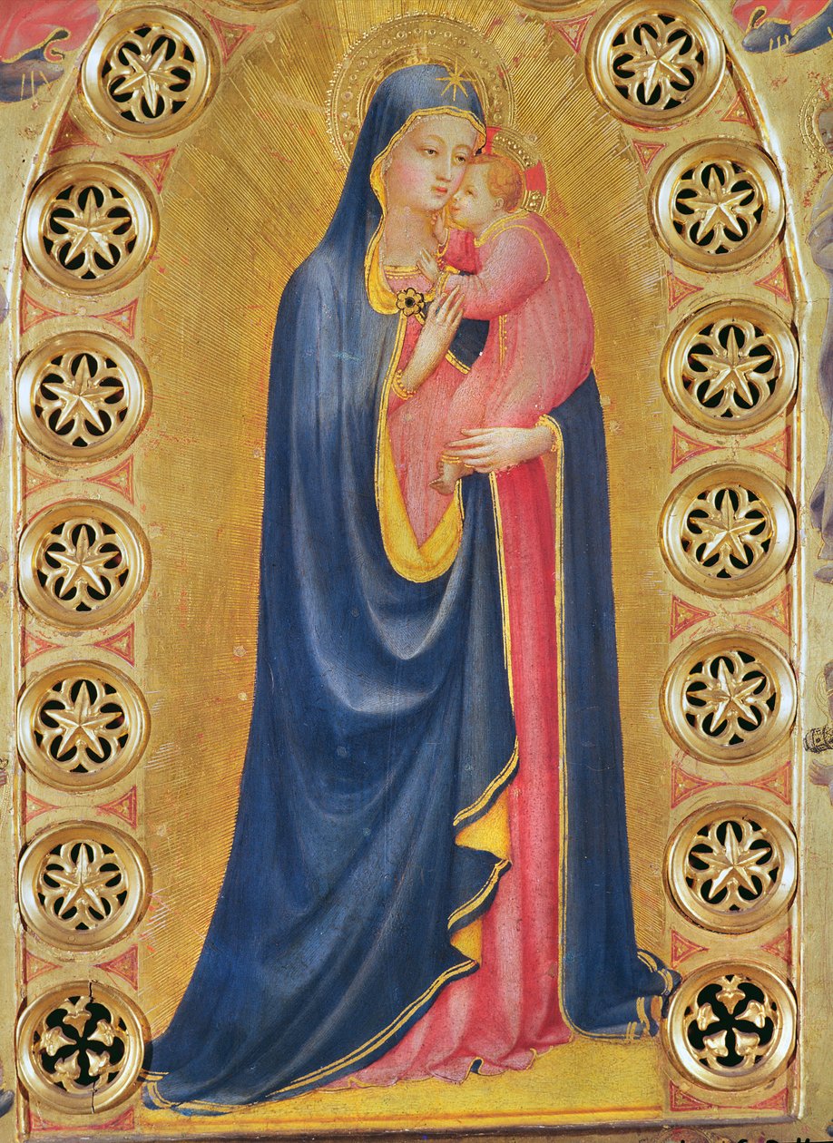 Virgin and Child også kalt Virgin and the Star (detalj av jomfruen) (olje og bladgull på tre) av Fra Angelico