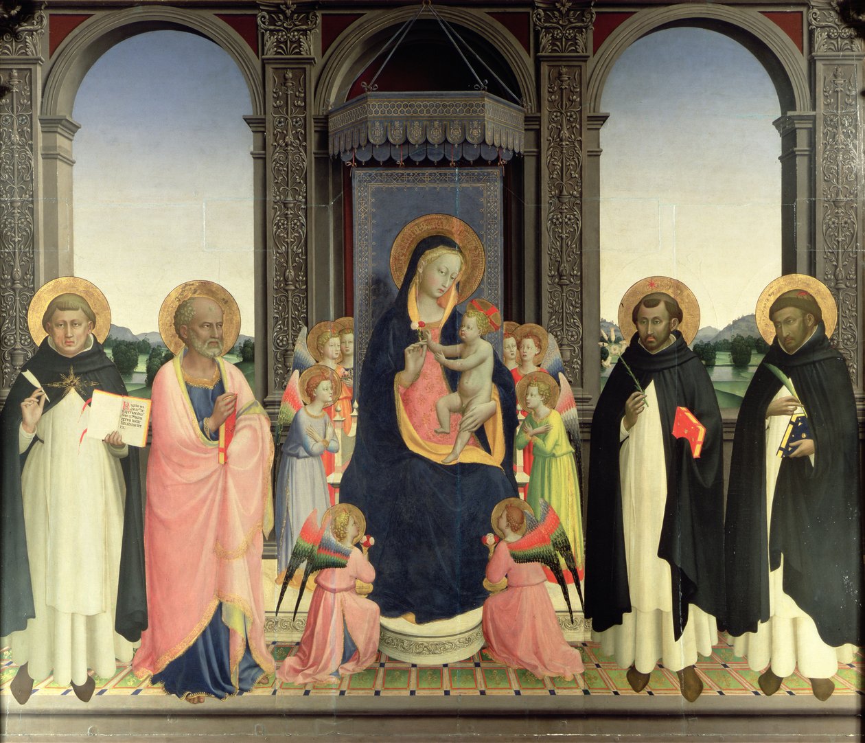 Jomfru og barn tronet med engler og St. Thomas Aquinas, St. Barnabas, St. Dominic og St. Peter Martyr, ca. 1422 (tempera på panel) (se 238446 og 43913) av Fra Angelico