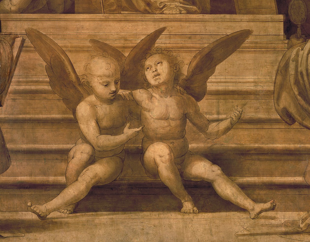 Detalj av to engler fra Palazzo del Gran Consiglio penn og vask av Fra Bartolommeo