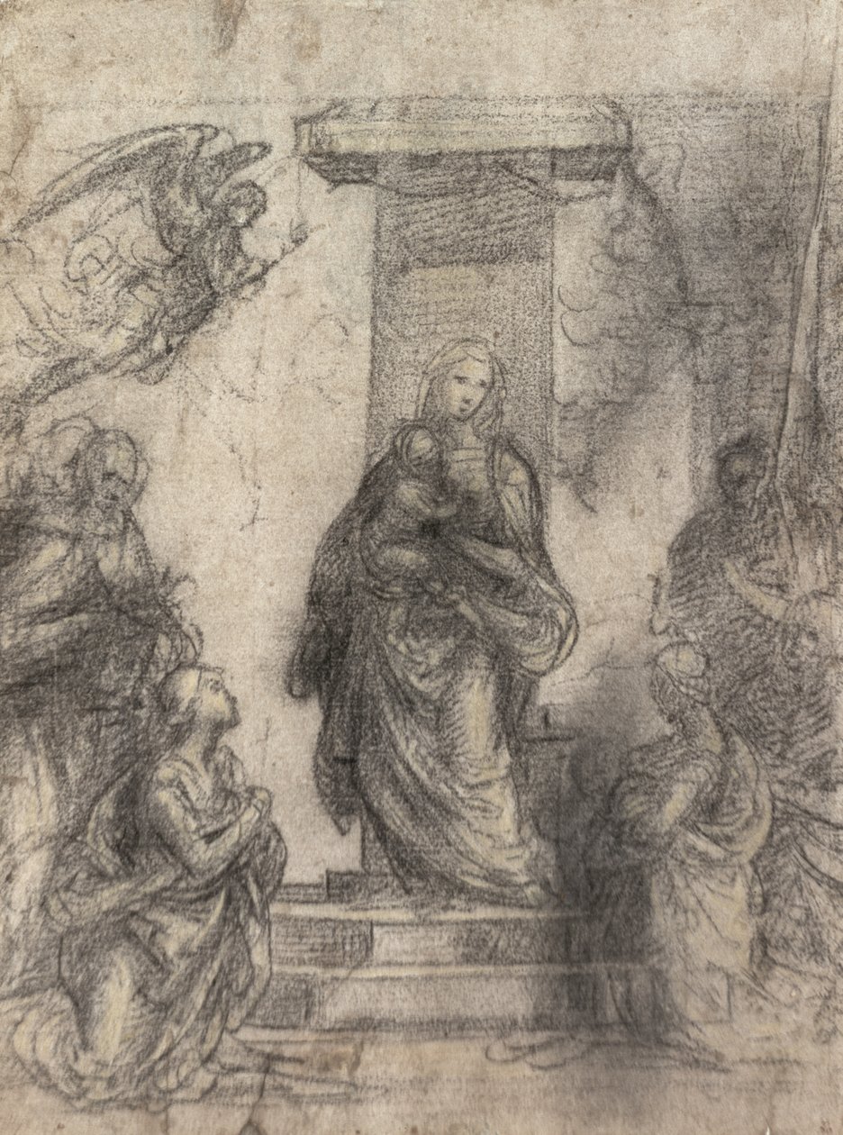 Madonnaen og barnet med helgener (recto) (svart og gult kritt forhøyet med hvitt på papir) (for verso se 152659) av Fra Bartolommeo