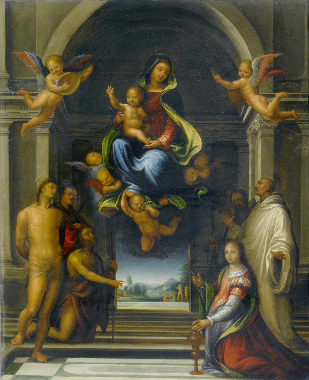 Jomfruen og barnet omgitt av hellige, ca. 1570-1674 olje på kobber av Fra Bartolommeo