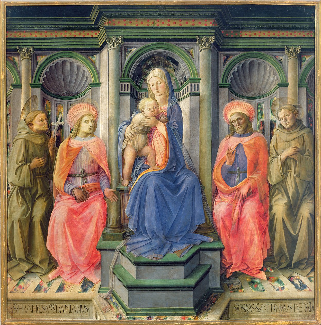 Madonna og barn tronet med SS. Francis, Cosmas, Damian og Anthony av Padua, ca. 1442-45 (tempera på panel) (for predella-paneler, se 85691-93) av Fra Filippo Lippi