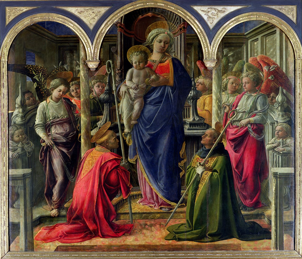 Barbadori-altertavlen: Jomfru og barn omgitt av engler med St. Frediano og St. Augustine, 1437 av Fra Filippo Lippi
