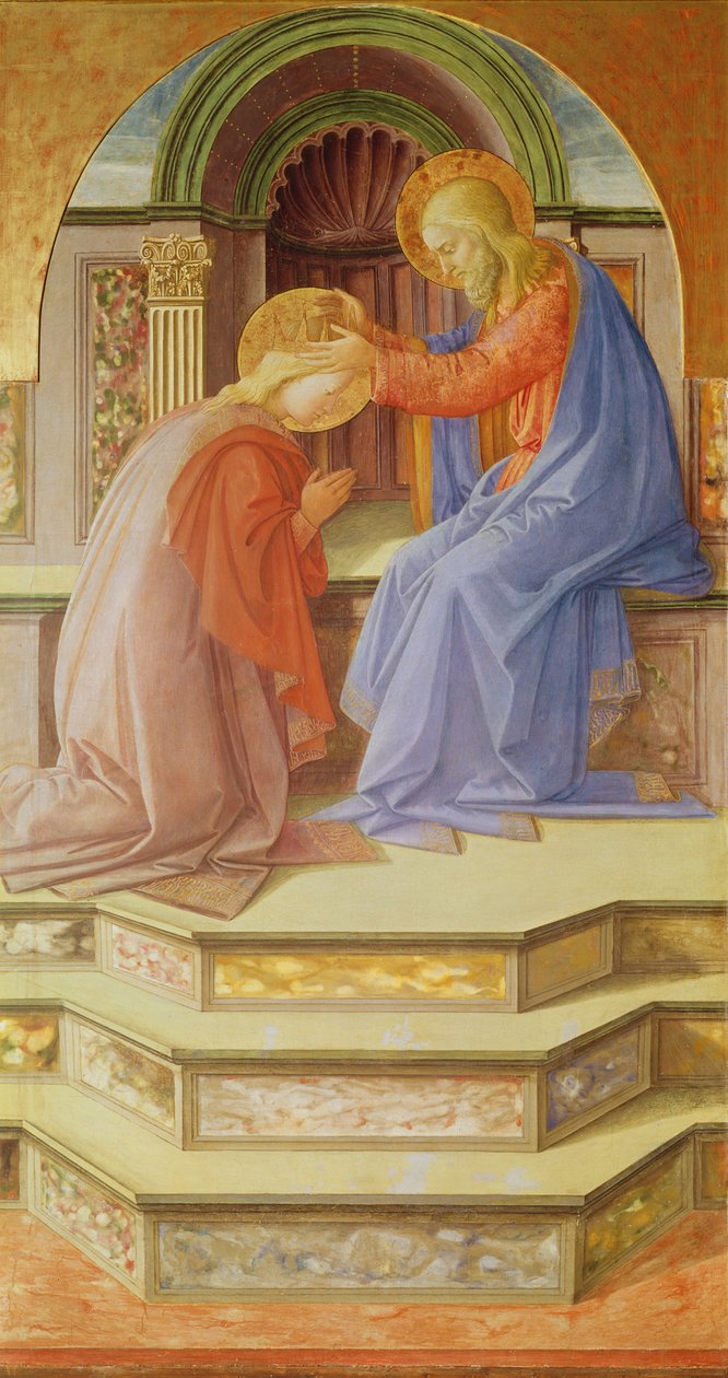 Triptych som viser Jomfruens kroning, sentralpanel: Jomfruens kroning, 1441 (tempera på tre) av Fra Filippo Lippi