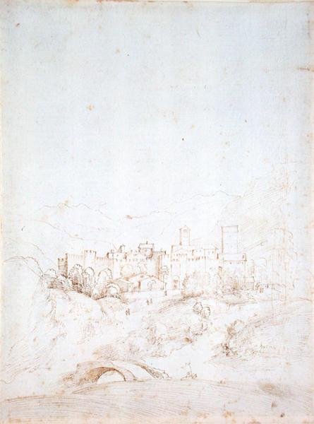 En italiensk Hill Town (recto) (penn, brunt og svart blekk på papir) (for verso se 152661) av Fra Bartolomeo
