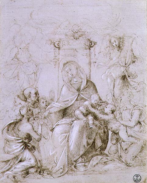 Madonna og barn tronet med døperen Johannes presentert av en engel og St. Monica (penn og blekk på papir) av Fra Bartolomeo