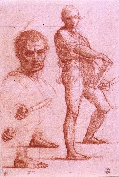 Studie av en mann som holder et sverd og en bok, sverdet og føttene øvd to ganger, og et mannlig hode (kritt på papir) av Fra Bartolomeo