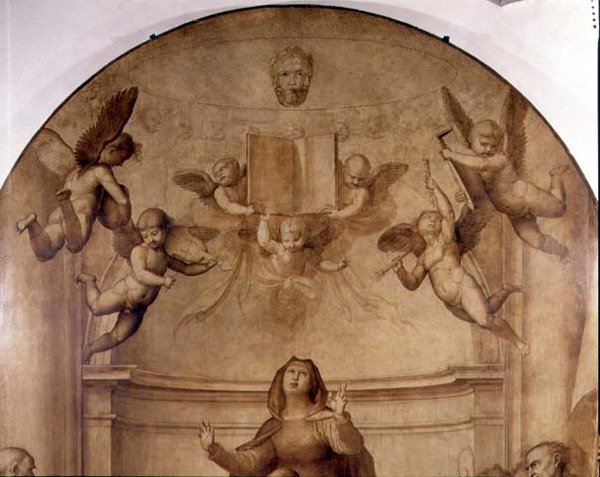 The Great Council Altertavle, detalj som viser musikalske engler som holder en bok høyt av Fra Bartolomeo