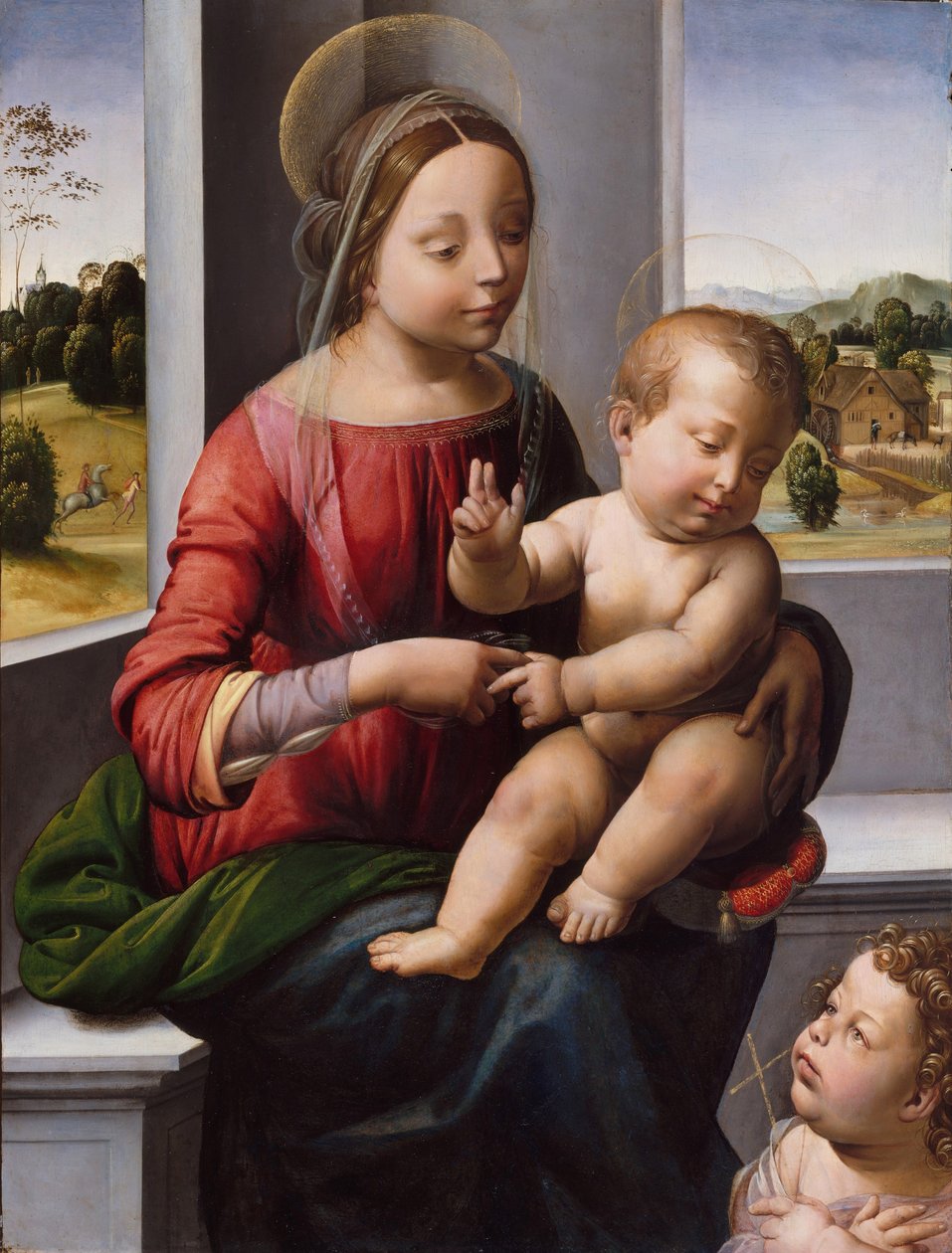 Madonna og barn med den unge døperen Johannes, ca. 1497 (olje og gull på tre) av Fra Bartolomeo