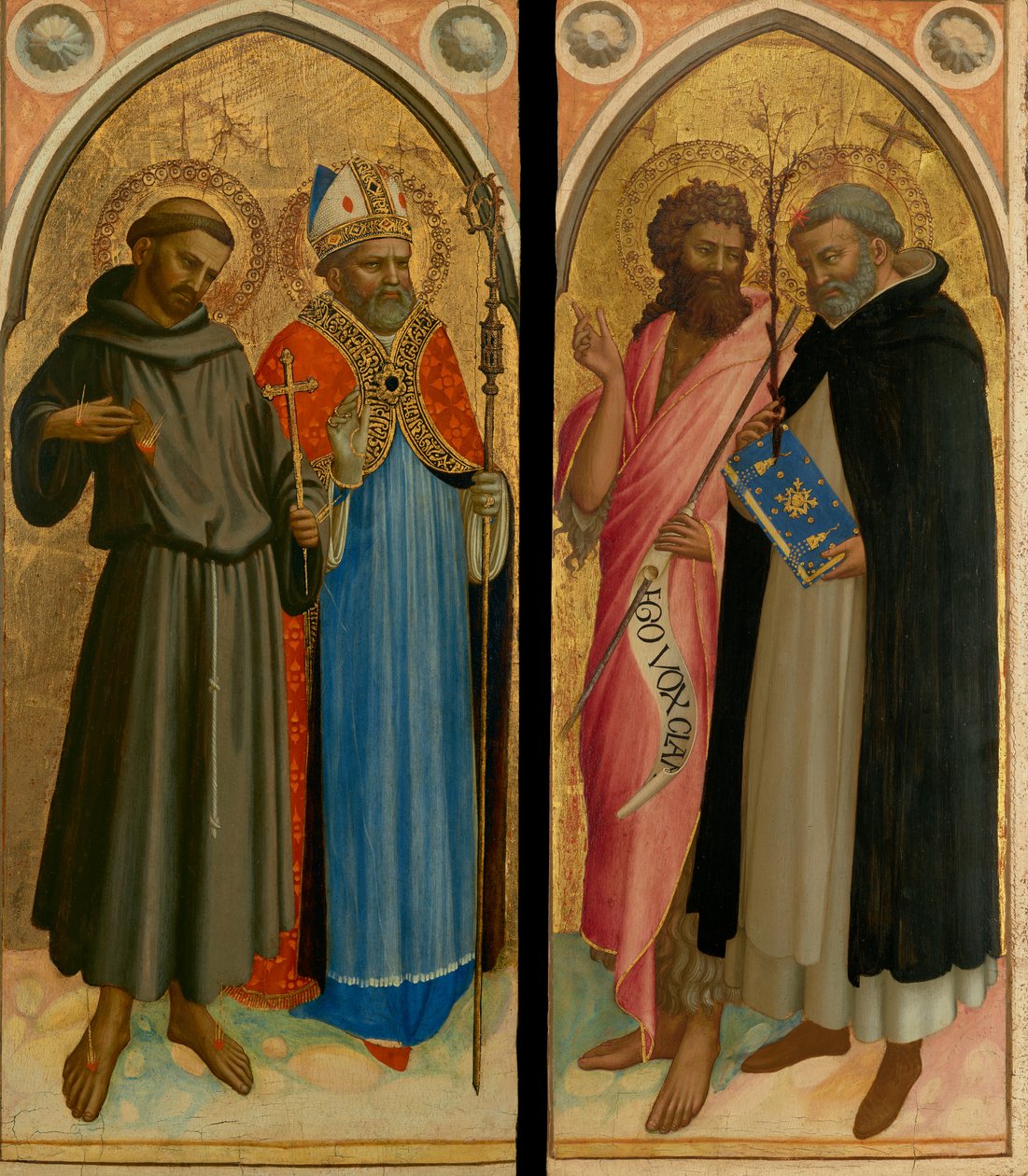 Sankt Frans og en biskopshelgen, døperen Johannes og Sankt Dominik, sent på 1420-tallet (tempera og bladgull på panel) av Fra (c.1387 1455) Angelico
