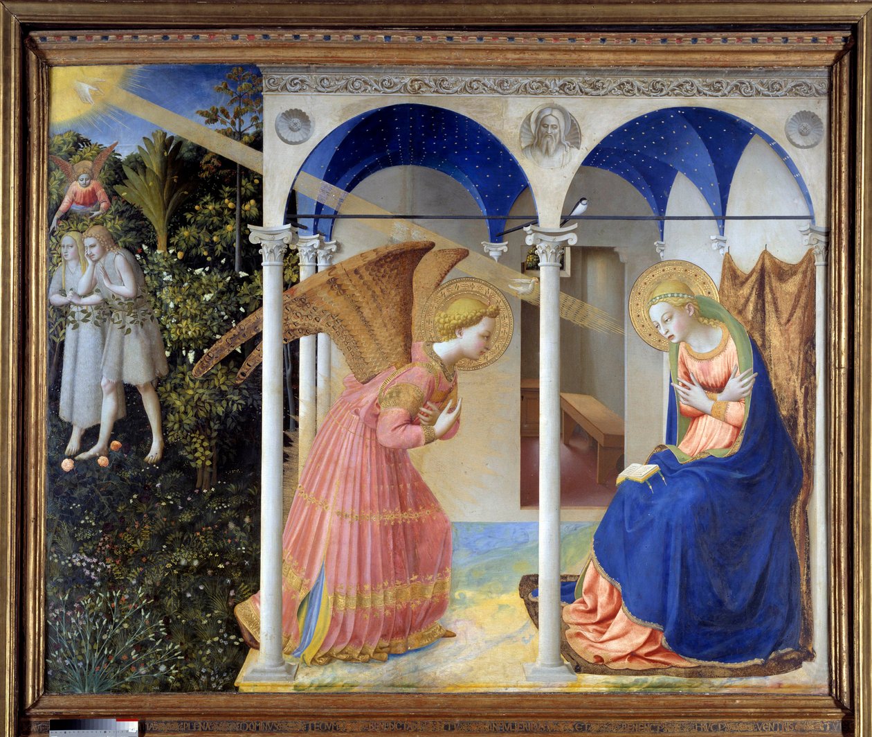 Bebudelsen (i bakgrunnen ble Adam og Eva utvist fra paradiset), ca. 1445 (tempera og gull på panel) av Fra (c.1387 1455) Angelico