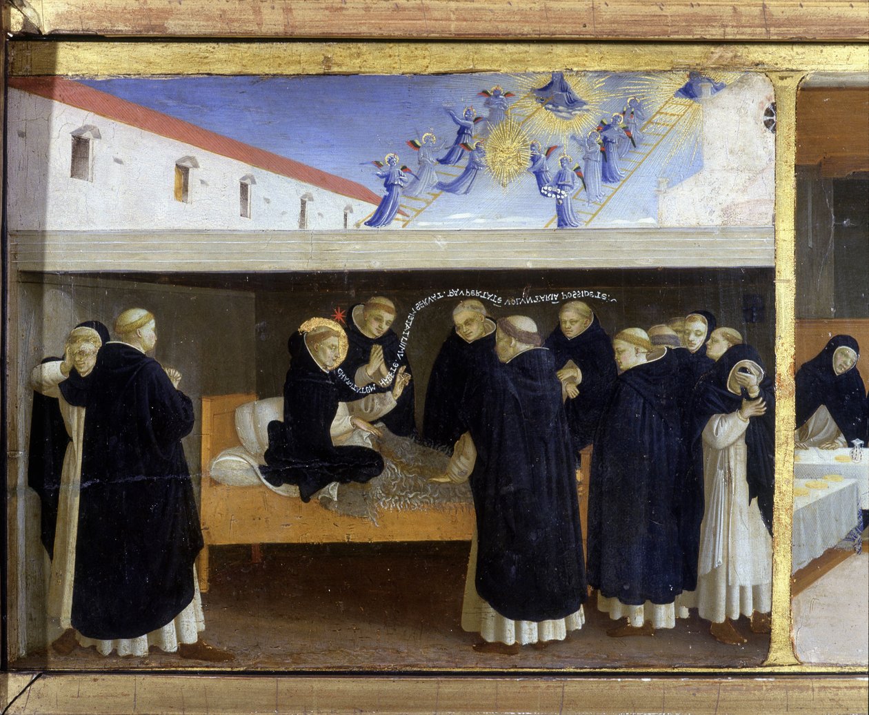 Døden til Saint Dominica (1221) - den nedre delen (predellaen) av "Jomfruens kroning" som skildrer Kristus ved graven og seks episoder av livet til Saint Dominica, grunnleggeren av ordenen som Angelicode tilhørte av Guido di Pietro (eller F av Fra  Angelico