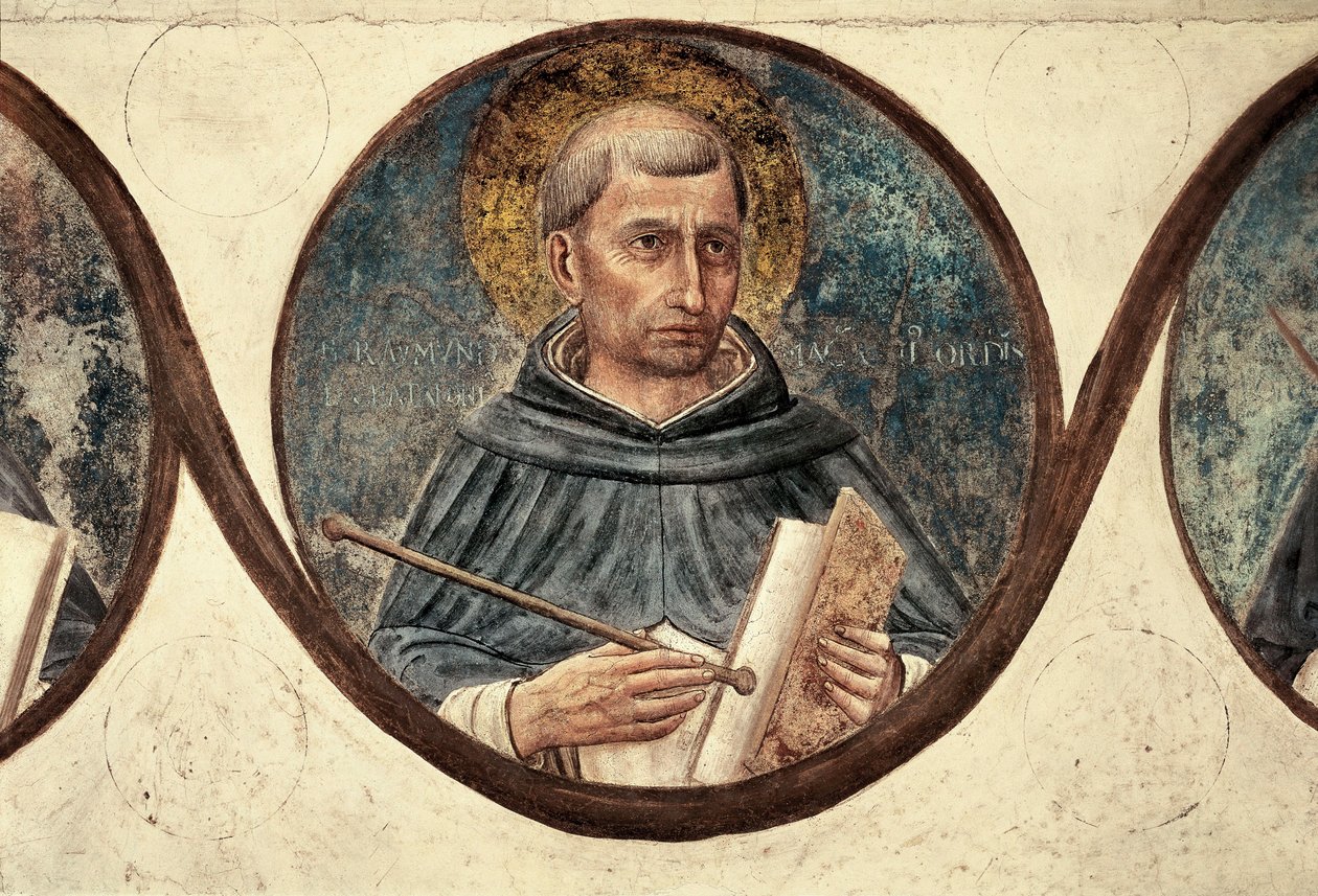 Detalj av Saint Raymond av Penafort. Utsmykning av kapittelhuset til San Marco-klosteret i Firenze. Maleri av Guidolino di Pietro eller Fra Giovanni da Fiesole dit Beato Angelico (Fra Angelico av Fra (c.1387 1455) Angelico