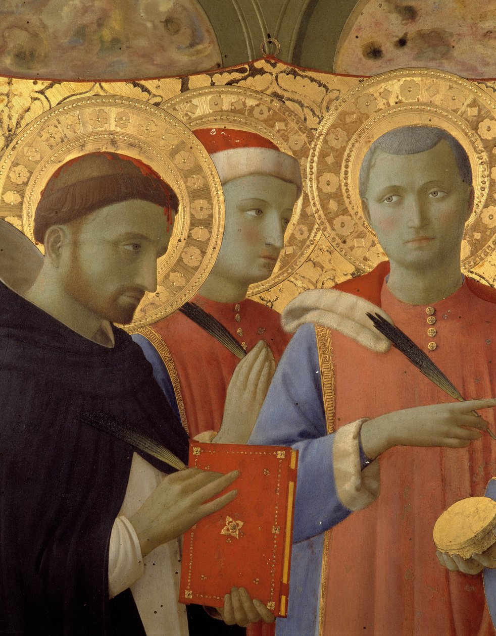 Detalj av altertavlen til Annalena: Portretter av Saint Peter the Martyr, Saint Cosimo (Come or Cosimo) og Saint Damien (tempera på tre) av Fra  Angelico