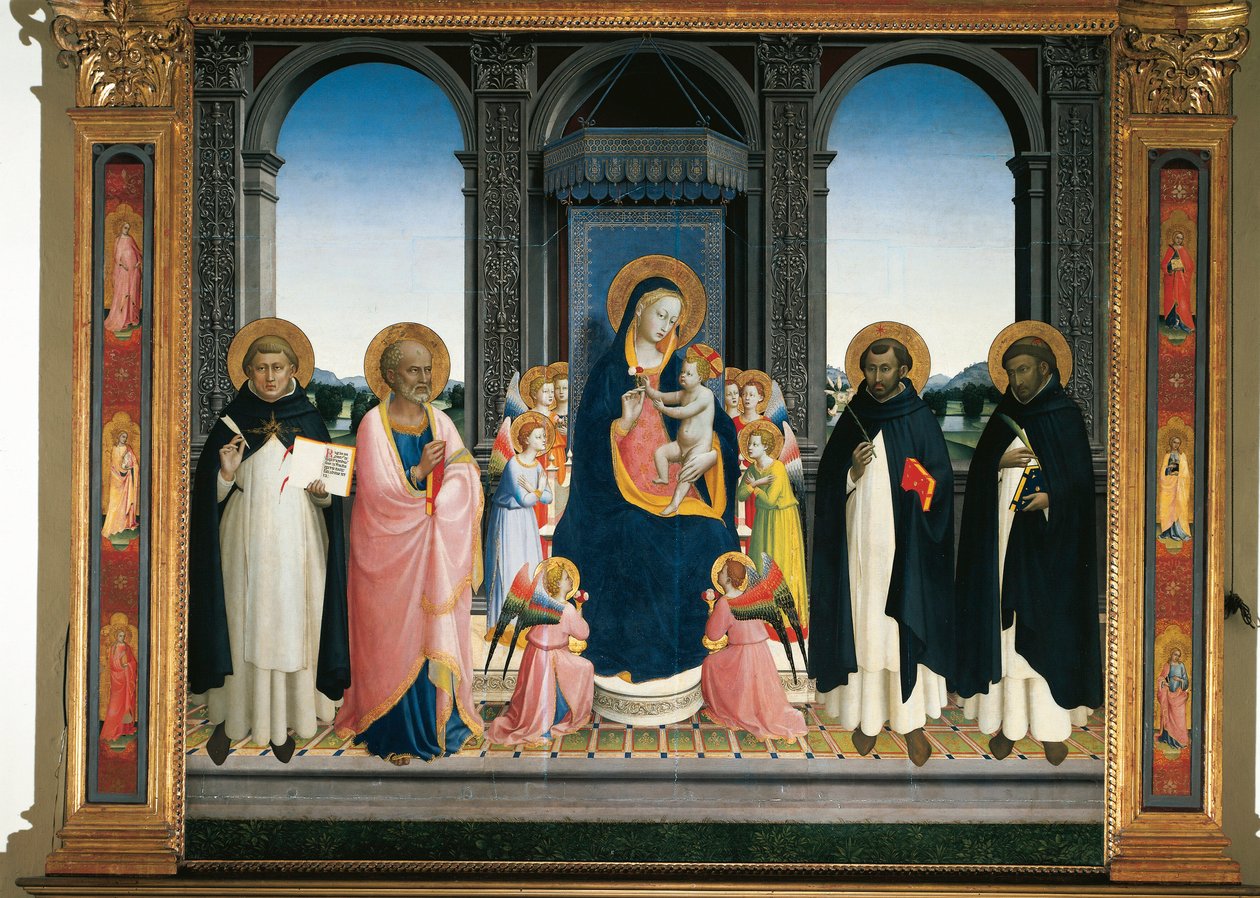 Fiesole altertavle: Jomfru og barn med engler og fire hellige (maleri på tre av Fra  Angelico