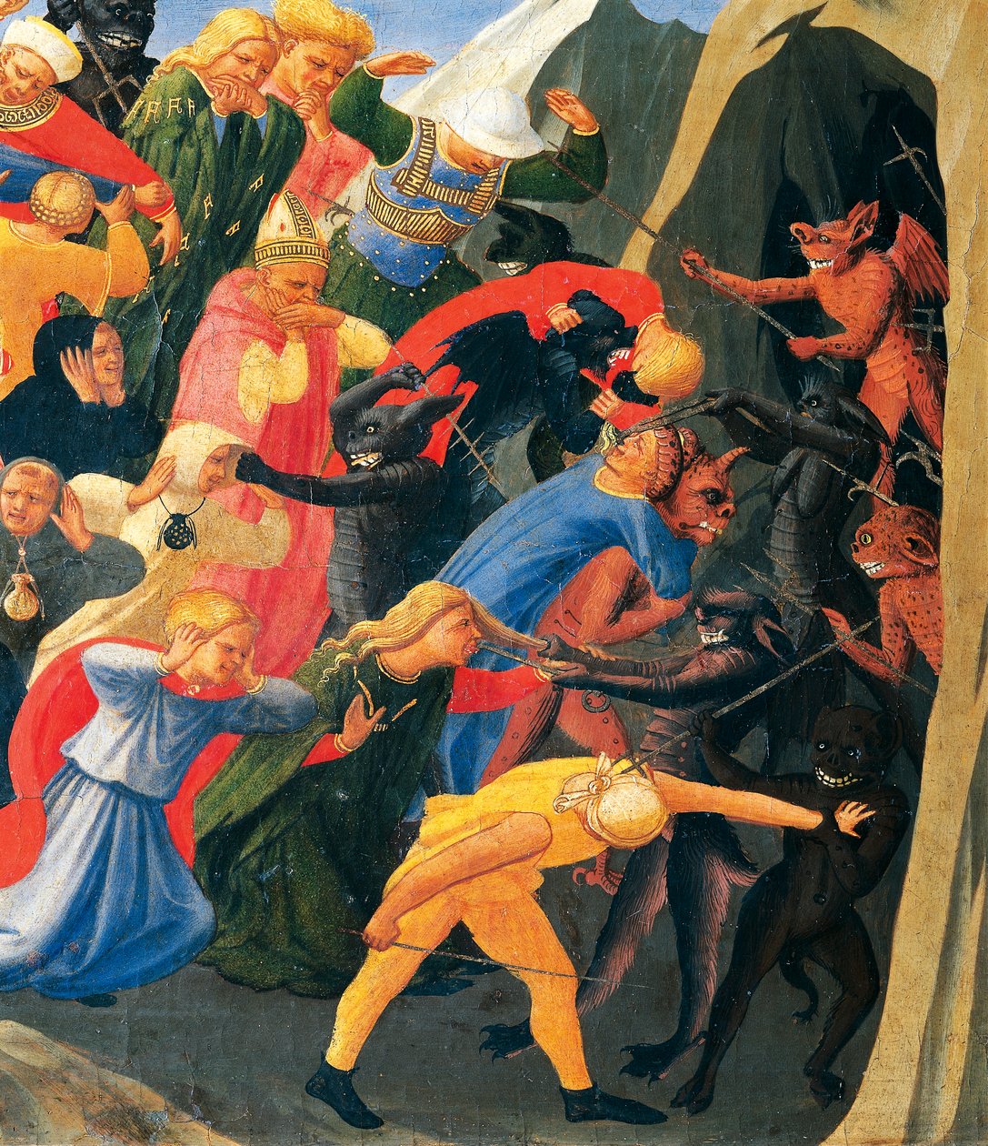 Helvete med demoner som organiserer fordømte detaljer fra Last Judgment av Giovanni da Fiesole kjent som Fra Angelico (1400-cirka 1455), tempera på tre av Fra (c.1387 1455) Angelico