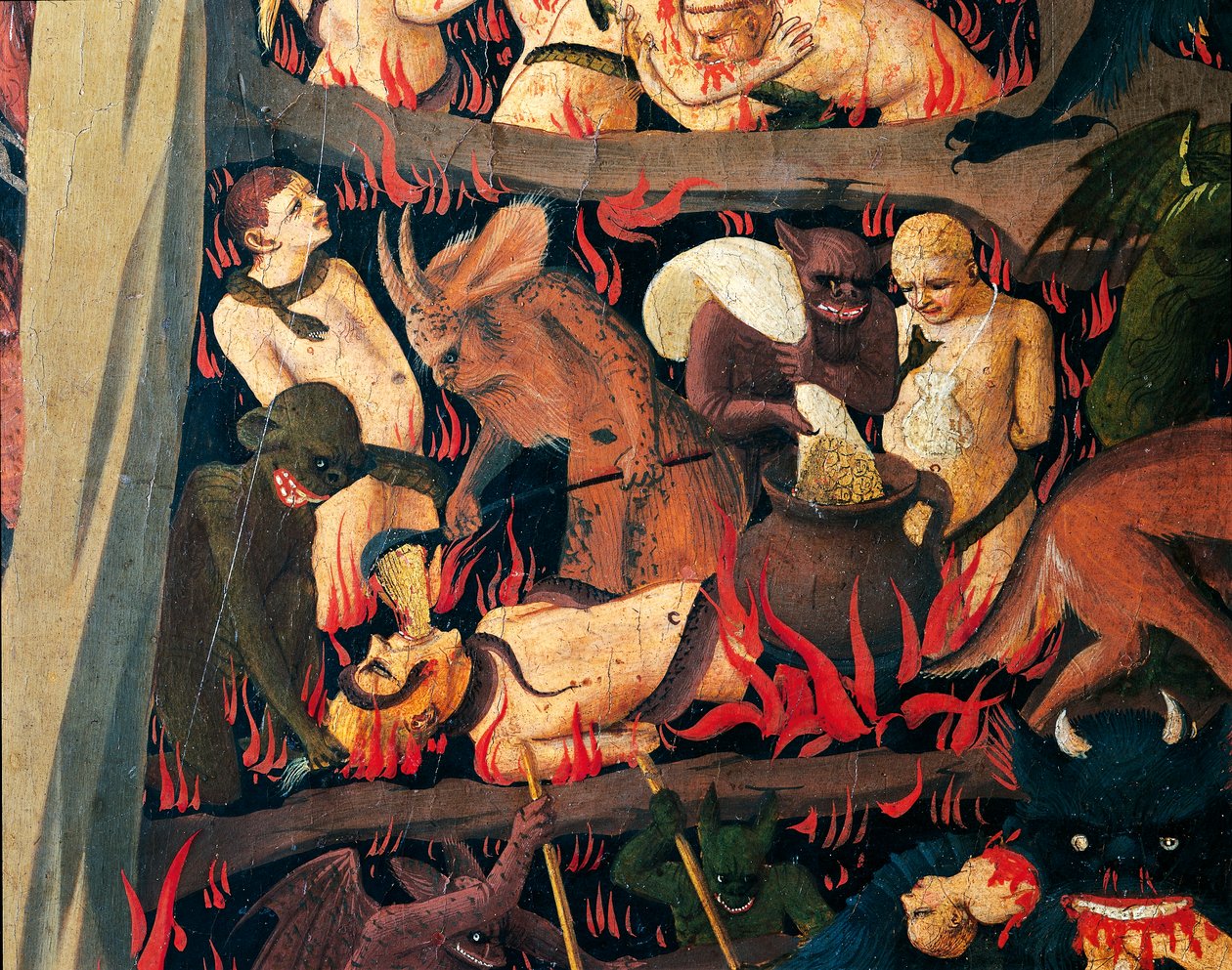 Helvete med demoner som straffer grådige, detalj fra Last Judgment av Giovanni da Fiesole kjent som Fra Angelico (1400-cirka 1455), tempera på tre av Fra (c.1387 1455) Angelico