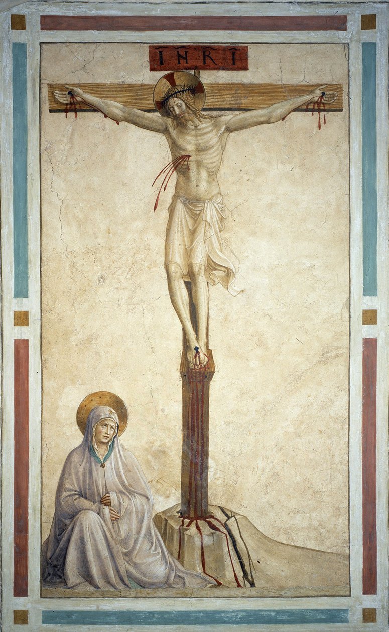 Korsfestelsen med Jomfru Maria. Inskripsjon "" INRI "" på korset. Fresco av Guido di Pietro (eller Fra Giovanni da Fiesole) kalt Fra Angelico ou il Beato (1400-1455) av Fra  Angelico