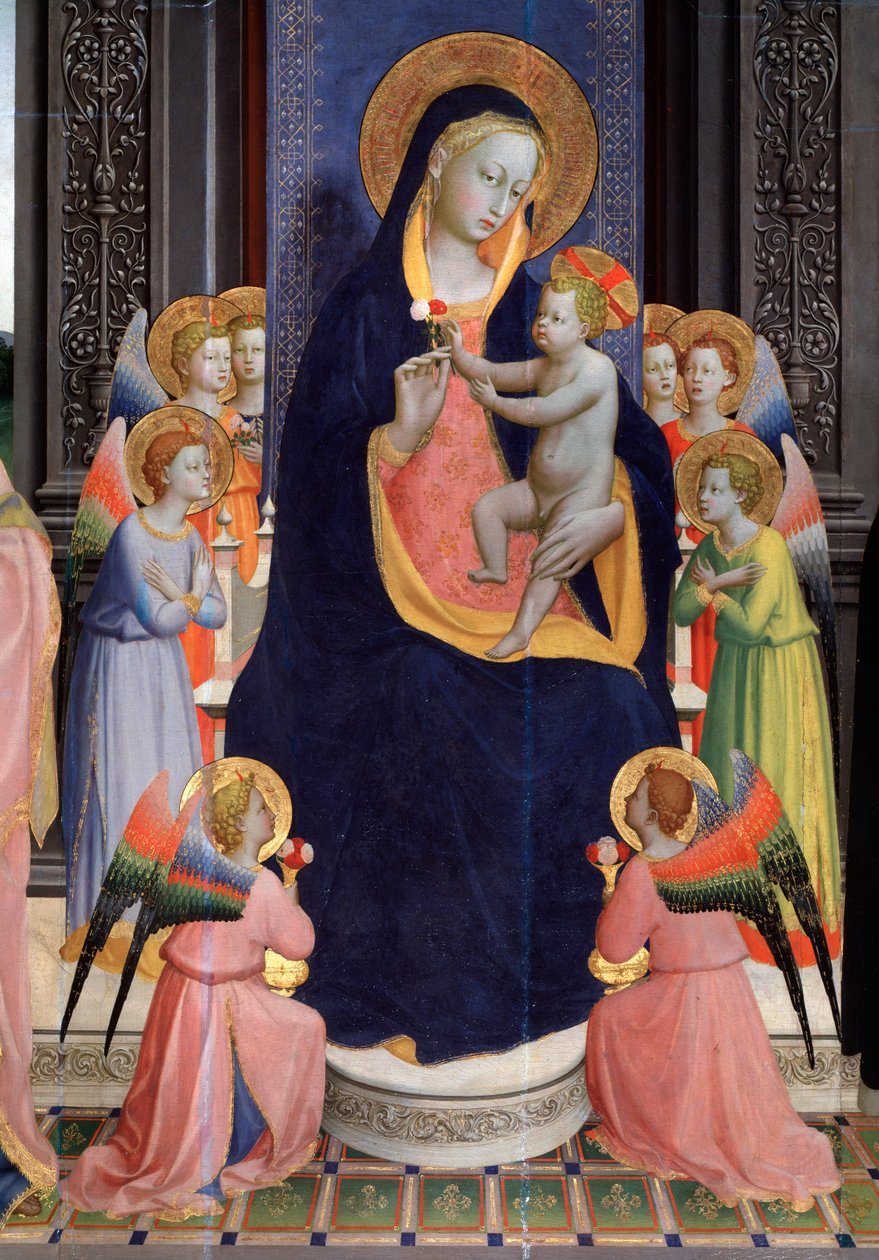 Madonna og barn med engler. Detalj av Saint Dominic altertavle eller Pala di Fiesole (tempera på tre, ca. 1424-1428) av Fra  Angelico