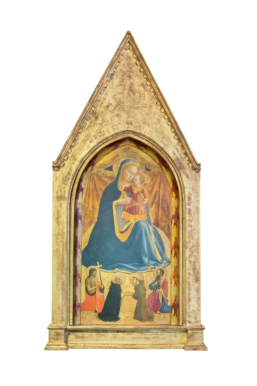 Ydmykhetens Madonna, døperen Johannes og Paulus: møtet mellom Dominikus og Frans av Assisi (tempera og gull på panel) av Fra (c.1387-1455) Angelico
