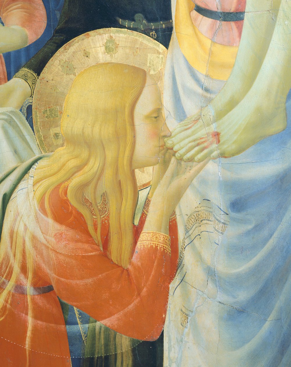 Maria Magdalena kysser Jesu føtter, detalj fra Deponering fra kors eller altertavle av hellig treenighet, ca. 1432, av Giovanni da Fiesole kjent som Fra Angelico (1400-cirka 1455), tempera på tre av Fra (c.1387 1455) Angelico