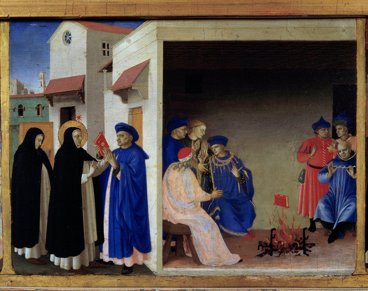 Predelle av Jomfruens kroning: mirakelet i boken sender til albigeerne. Saint Dominica tilbakeviser katharenes kjetteri. Detrempe på tre av Guido di Pietro (eller Fra Giovanni da Fiesole) dit Fra Angelico eller il Beato (1400-1455). Museet Louvre av Fra  Angelico