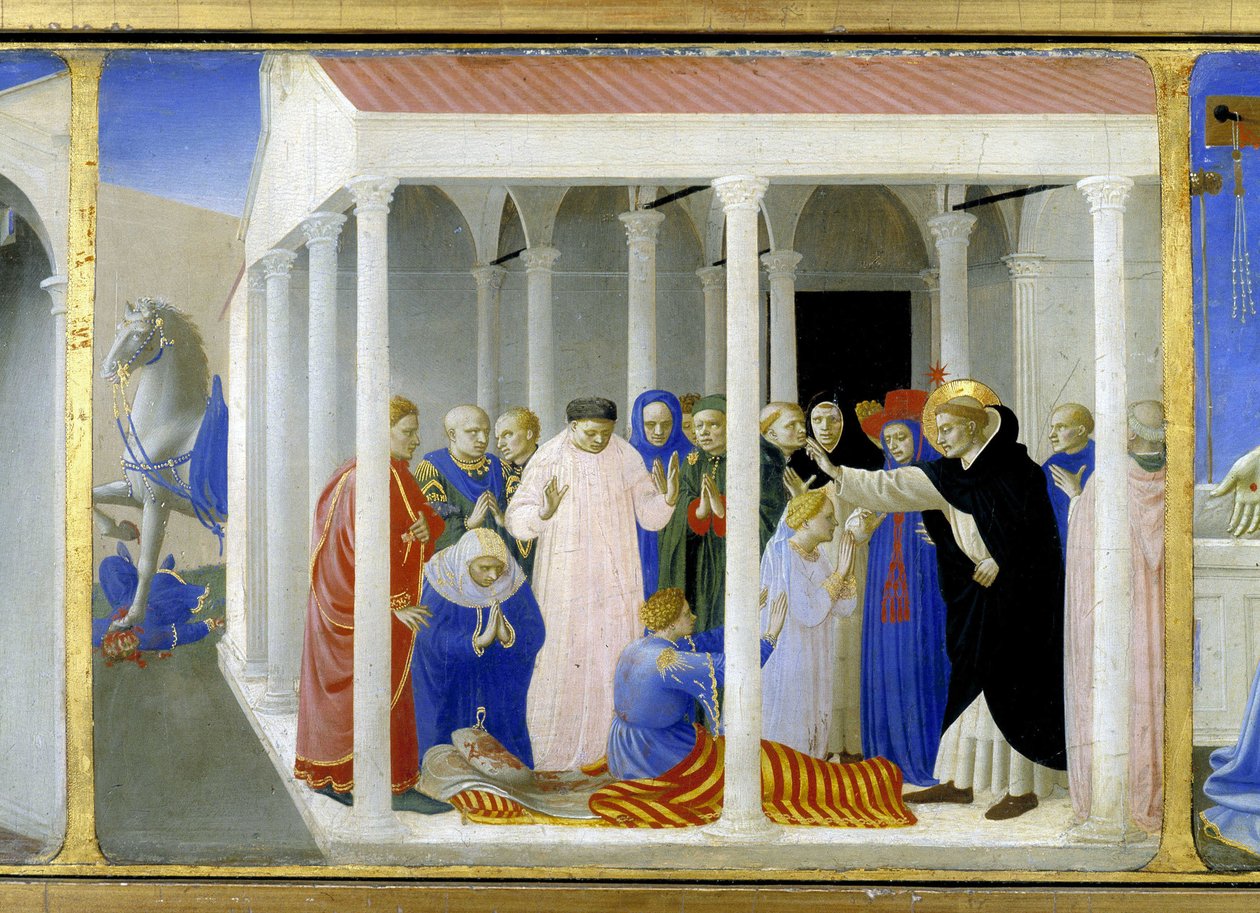 Saint Dominica (1170 - 1221) gjenoppliver Napoleone Orsini, den nedre delen (predellen) av "Jomfruens kroning" som representerer Kristus ved graven og seks episoder av livet til Saint Dominica, grunnleggeren av ordenen som Angelicode tilhører av Fra  Angelico