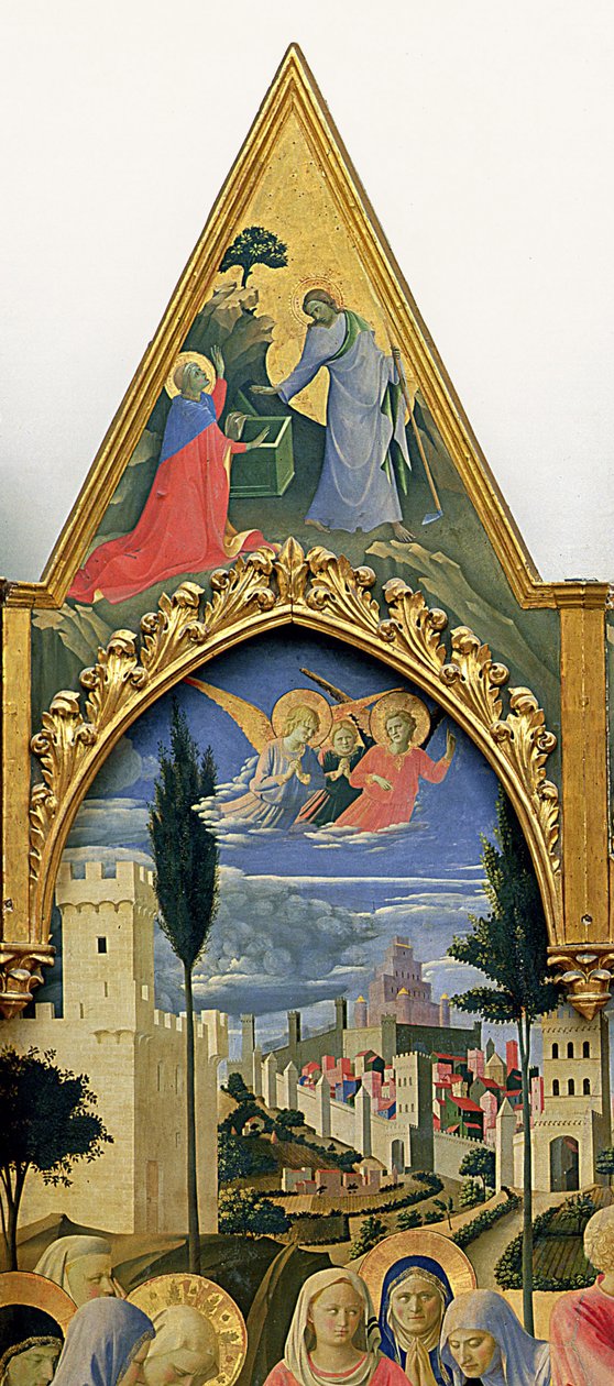 Santa Trinita altertavle, ramme og tinder av Lorenzo Monaco (Piero di Giovanni) (ca. 1370-1425) fullført ca. 1434 (tempera og gull på panel) (detalj av 43967) av Fra  Angelico