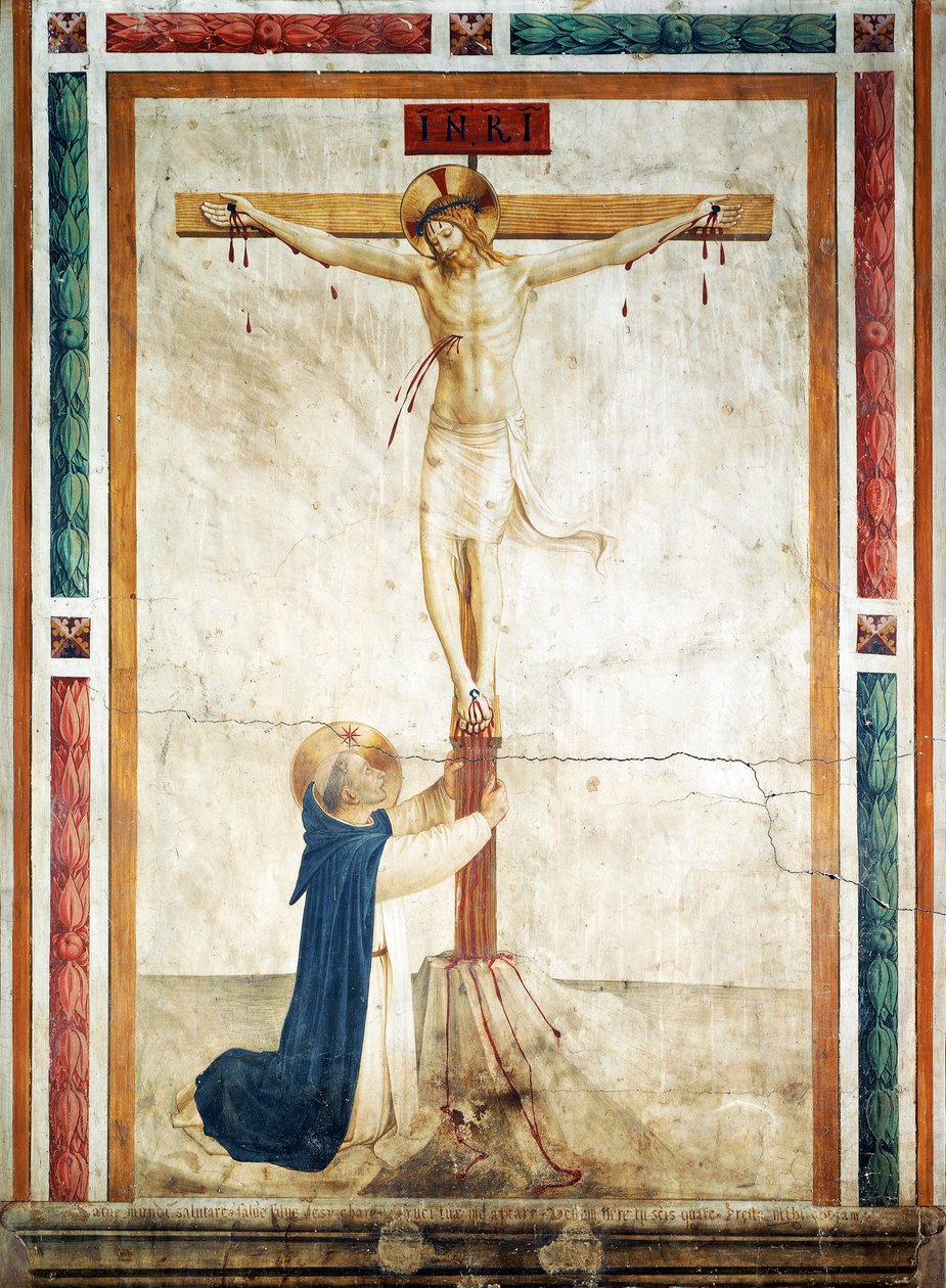 St Dominic forguder krusifiks av Giovanni da Fiesole, kjent som Fra Angelico (cirka 1400-1455), freskomaleri, korridoren til St. Markus-klosteret, Firenze av Fra (c.1387 1455) Angelico