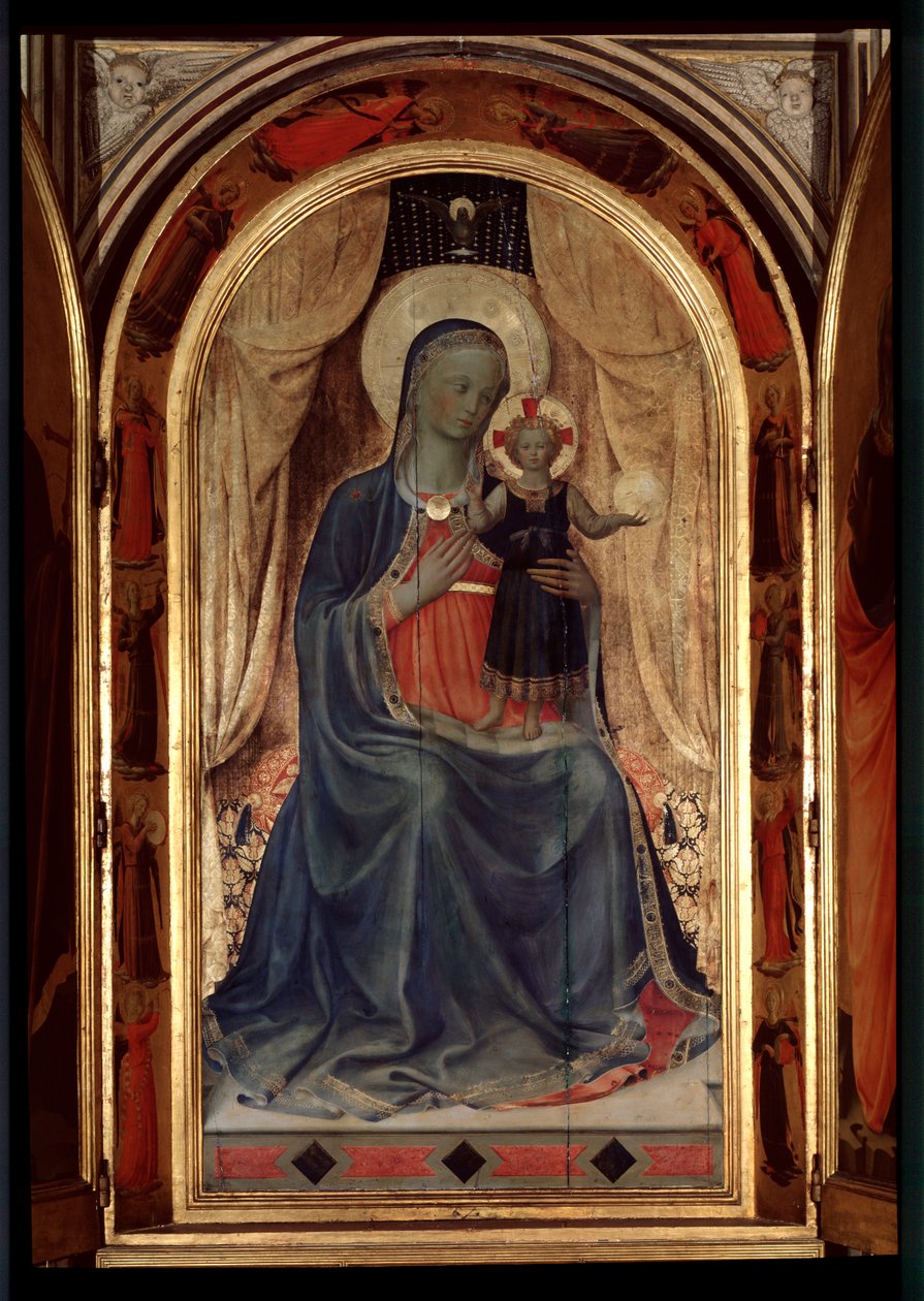 Tabernacle of the Linaioli: Jomfru med barn (Tremaleri av Fra  Angelico