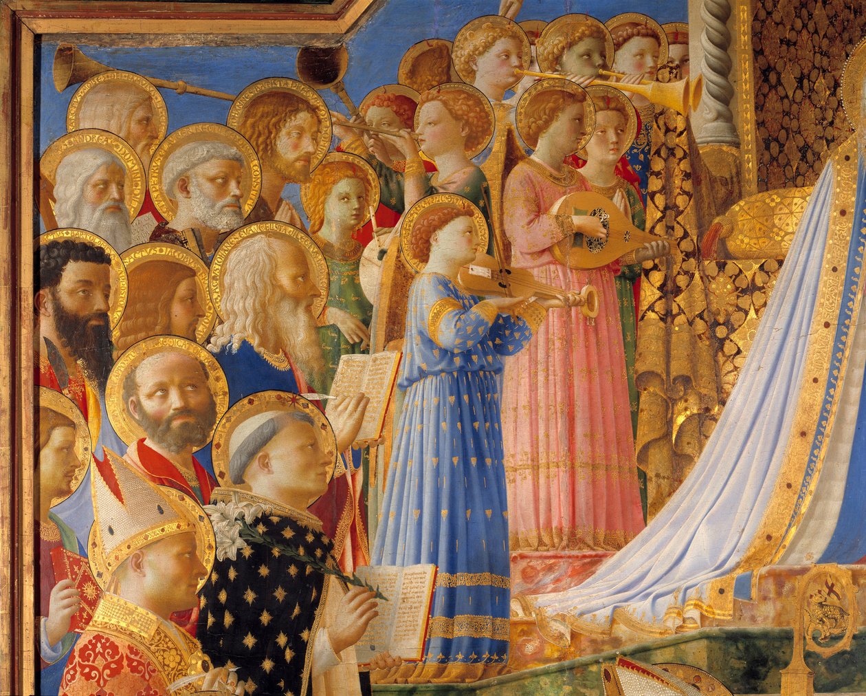 The Coronation of the Virgin, detalj av Saints and Angels-musikere. Maleri av Guido di Pietro (eller Fra Giovanni da Fiesole) dit Fra Angelico ou il Beato (1387-1455) av Fra  Angelico
