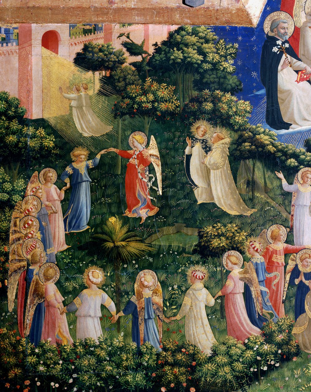 The Last Judgment Detail of Paradise, runden av aureolee-sjeler. Detrempe på tre av Guido di Pietro (eller Fra Giovanni da Fiesole) dit Fra Angelico eller il Beato (1400-1455). Dim. 105x210 cm Museum of San Marco. Firenze av Fra  Angelico