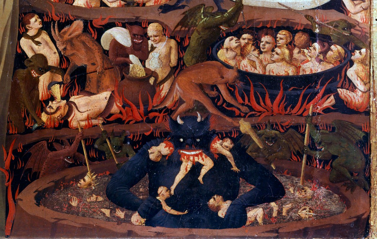 The Last Judgment: detalj av underverdenen. Forbannelser i de helvetes kretser, tortur av demoner. Detalj av en detrempe på tre av Guido di Pietro (eller Fra Giovanni da Fiesole) dit Fra Angelico eller il Beato (1387-1455) av Fra  Angelico