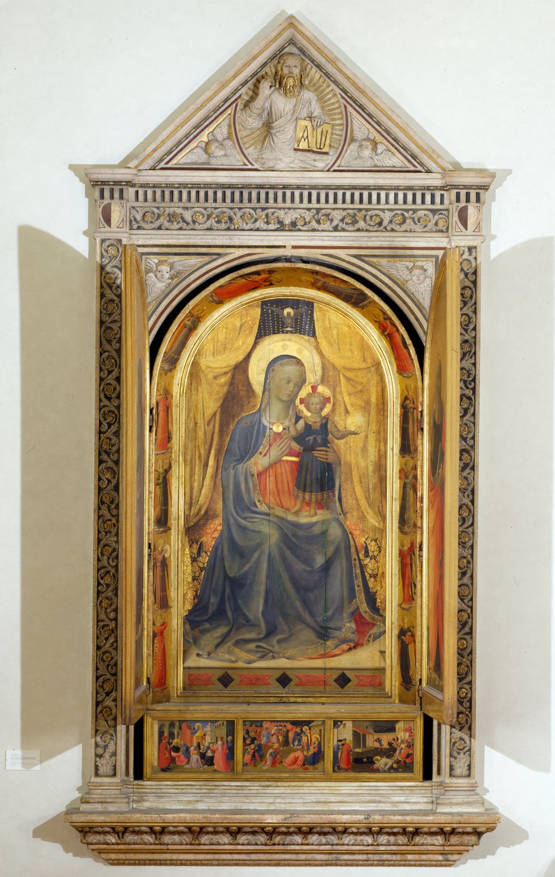Linaiuoli-triptyken (med åpne skodder): Jomfruen og barnet tronet med døperen Johannes og St. Markus av Fra  Angelico