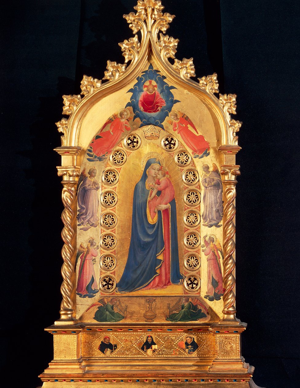 Jomfruen har relikviestjernen med jomfru og barn, Saint Pere, Saint Peter, Saint Dominic og Saint Thomas Aquinas. Maleri på tre av Guido di Pietro (eller Fra Giovanni da Fiesole) dit Fra Angelico ou il Beato (1400-1455) 1434 Dim. 84x51 cm Firenze, av Fra  Angelico