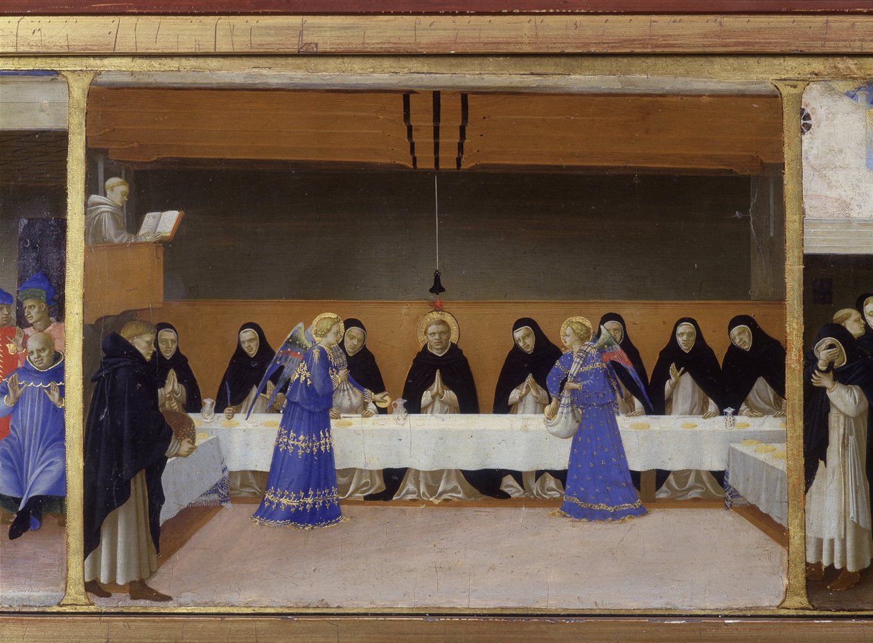 Munkenes måltid servert av englene - den nedre delen (predellaen) av "Jomfruens kroning" som viser Kristus ved graven og seks episoder av livet til Saint Dominica, grunnleggeren av ordenen som Angelicode tilhørte av Guido di Pietro ( av Fra  Angelico