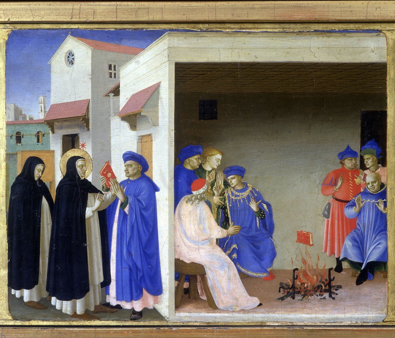 Miraklet til Saint Dominica: helgenen gir albigeerne boken som tilbakeviser deres kjetteri, og albigeerne prøver å brenne den, uten å lykkes - Predelle av "Jomfruens kroning" av Guido di Pietro (eller Fra Giovanni da Fiesole) dit Fra Angelico eller av Fra  Angelico