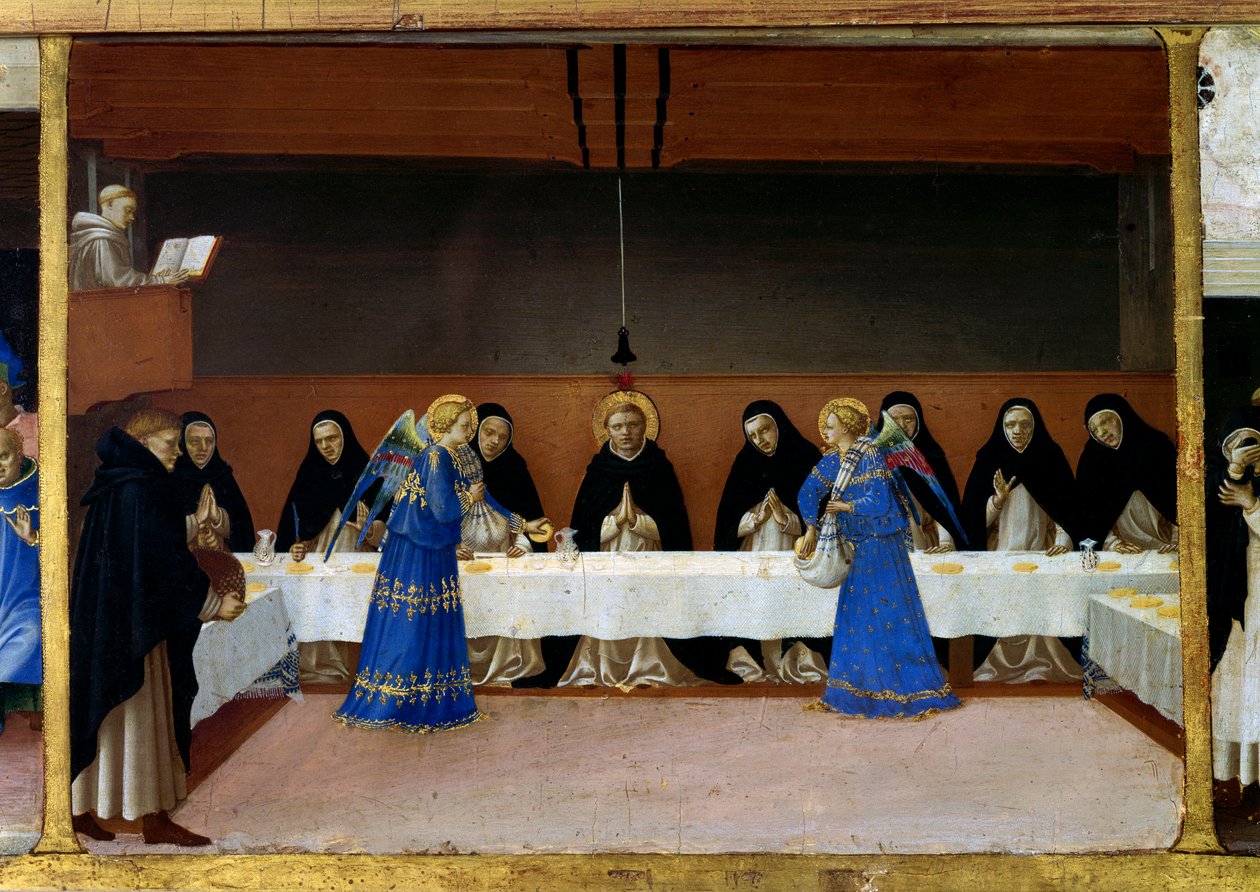 Munkene ved bordet, kjøkkenet til englene Life of Saint Dominica (detalj av predelle av Jomfruens kroning): englene serverer et måltid til dominikanske brødre. Maleri av Guido di Pietro (eller Fra Giovanni da Fiesole) dit Fra Angelico ou i av Fra  Angelico