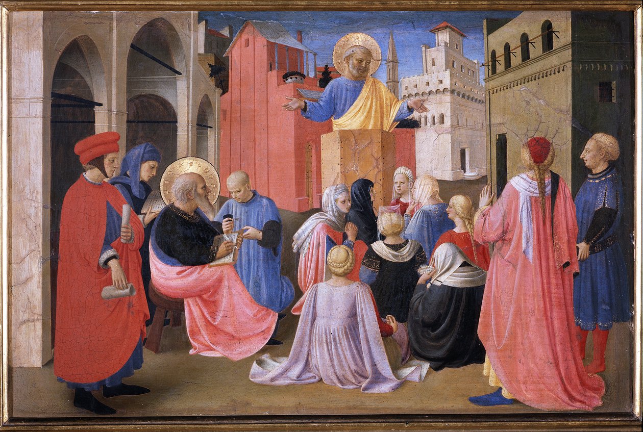 Forkynnelsen av St Peter i nærvær av den hellige Markus. Tabernakel til Linaioli (maleri på tre av Fra  Angelico