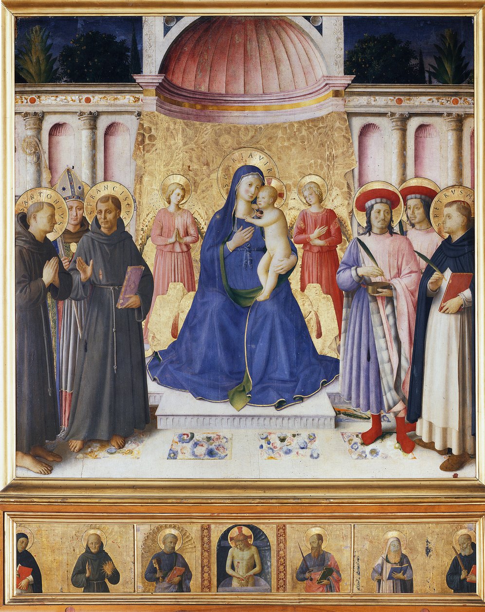 Jomfru og barn med seks helgener, St. Anthony av Padua, St. Louis av Toulouse, St. Francis, St. Cosmas og Damian, St. Peter av Verona. Bosco ai Frati altertavle (Saint Peter Martyr)) (Tremaleri av Fra  Angelico